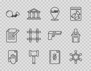 Wall Mural - Set line Oath on the Holy Bible, Hexagram sheriff, Location law, Judge gavel, Ball chain, Prison window, Law book and icon. Vector