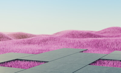 Wall Mural - Pink  grass field with concretes podium. Summer landscape scene mockup. 3d illustration