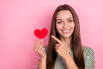 Sticker - Photo of lovely millennial brunette lady index heart wear striped shirt isolated on pink color background