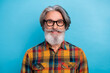 Leinwandbild Motiv Photo of aged cheerful man toothy smile wear eyeglasses representative isolated over blue color background