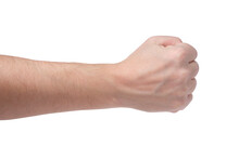 Man Hand Is Launched Into Fist, Isolated White Background.