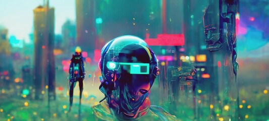 A cyborg with a glowing face-screen looks directly into the background of a futuristic cyberpunk landscape in green colors. Futuristic 3D illustration.