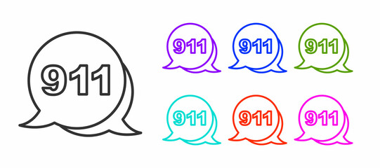 Sticker - Black line Telephone with emergency call 911 icon isolated on white background. Police, ambulance, fire department, call, phone. Set icons colorful. Vector