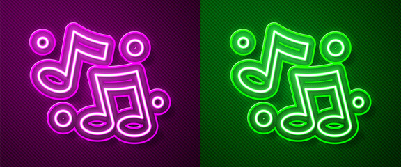 Poster - glowing neon line music note, tone icon isolated on purple and green background. vector
