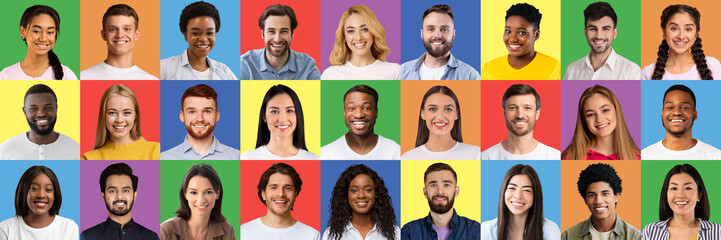 Portraits of different women and men in casual outfits showing positive emotions over bright studio backgrounds