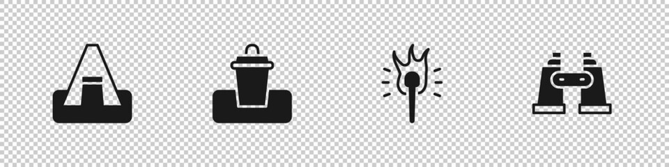 Wall Mural - Set Tourist tent, Trash can, Torch flame and Binoculars icon. Vector