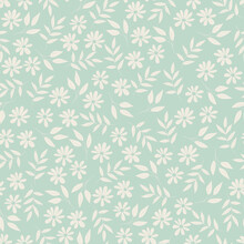 Cute Little Flowers Seamless Pattern. White Flowers On A Gray Floral Background. Botanical Vector Illustration. Liberty Style. Garden Plants Are Repetitive.