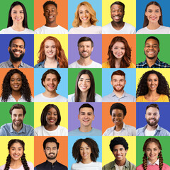 Wall Mural - Collage of multiracial men and women portraits showing happy emotions on colorful backgrounds. Multiethnic society