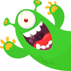 Funny cartoon smiling monster character. Illustration of cute and happy alien creature. Halloween design. Vector