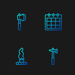 Sticker - Set line Hammer, Campfire, Wooden axe and Calendar. Gradient color icons. Vector