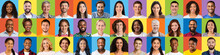 Friendly Smiling Multiracial People Looking At Webcam On Colored Backgrounds, Panorama