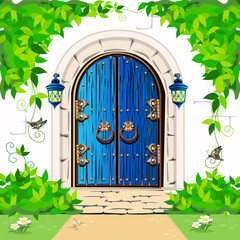 Wall Mural - Old wooden door to fairyland. Blue double door in vintage style. Vector illustration of fairy tale architecture in cartoon style.