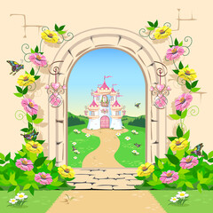 Wall Mural - Open door to fairyland with princess castle. Vector illustration of fairy tale architecture.