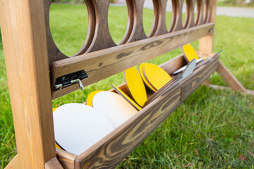 Connect four in a line wooden garden game close up