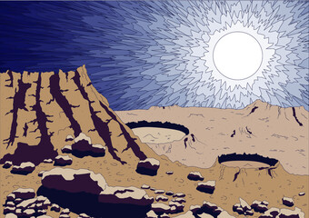 Wall Mural - mercury planet surface close up with sun views, vector illustration