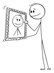 Sticker - Self-loving Person Holding His Own Portrait Painting, Vector Cartoon Stick Figure Illustration