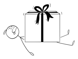 Sticker - Person Crushed Under Wrapped Gift or Present, Vector Cartoon Stick Figure Illustration