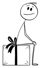 Sticker - Smiling Person Sitting on Wrapped Gift or Present, Vector Cartoon Stick Figure Illustration