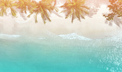 Evening sunlight scene with Top view of beaches and blue sea Surrounded by palm trees background