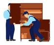 Workers assemble furniture. Master works with a screwdriver. Guy is holding the closet door. Assembling or dismantling furniture. Vector Illustration in flat style on white background.