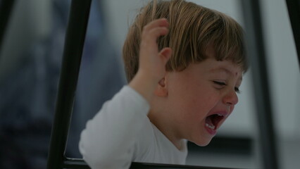 Wall Mural - One crying little toddler child cries desperately doing a tantrum