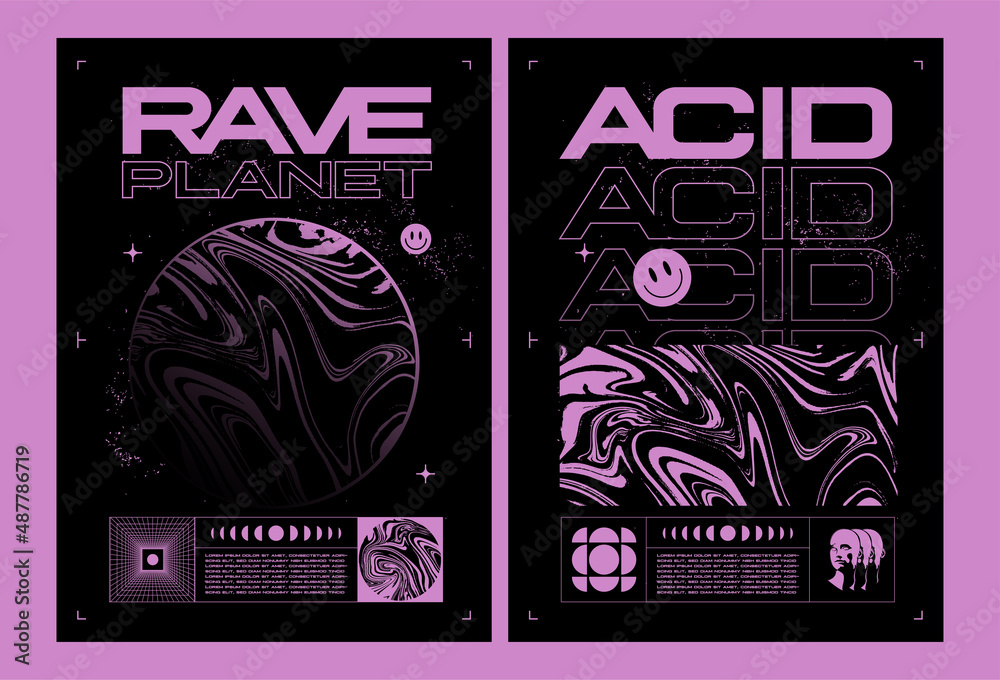 Abstract rave poster or flyer design template with abstract pink liquid ...