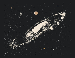 vintage styled illustration of the universe spiral galaxy on black starry background. vector illustr