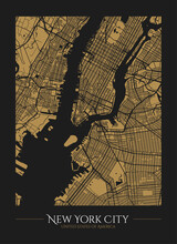 New York City Decorative Map Poster Or Card Or Canvas Design Template With Golden New York Map Silhouette On Black Background. Vector Illustration