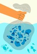 Vector illustration of ecological problems. Cartoon hand with a plastic bag full of garbage. Motivational poster for keeping our planet. 