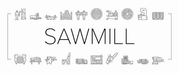 Wall Mural - Sawmill Cut Service Collection Icons Set Vector .