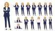 Elegant beautiful business woman in different poses set. Various gestures female character standing and sitting at the desk isolated vector illustration