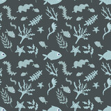 Fototapeta Dinusie - Cute blue fish and agae seamless pattern for kids, perfect for for textile, wrapping, decor. Cartoon characters