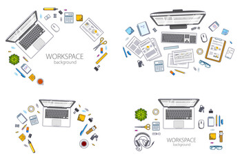 Fototapete - Work desks workspaces top view with PC or laptops and a lot of different stationery objects and analytics documents on tables, look above. All elements are easy to use separately. Vector set.