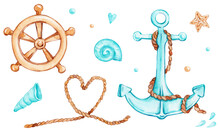 Set With Anchor, Steering Wheel, Rope And Sheels; Watercolor Hand Drawn Illustration; With White Isolated Background