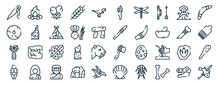 Set Of 40 Outline Web Prehistoric Icons Such As Fire, Wheel, Tree, Statue, Bone, Boomerang, Torch Icons For Report, Presentation, Diagram, Web Design, Mobile App