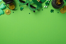 Top View Photo Of St Patricks Day Decorations Hat Shaped Party Glasses Clovers Straws Green Shamrocks Confetti And Pots With Gold Coins On Isolated Pastel Green Background With Copyspace