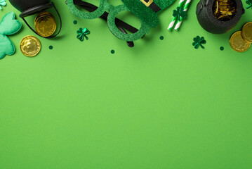 top view photo of st patricks day decorations hat shaped party glasses clovers straws green shamrock