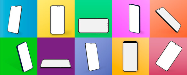 Poster - Smartphones collection at different angles, rotated positions. 3D realistic cell phones mockups with blanks screens. Vector isolated set. Mockup generic device. Mobile phones 3D. Vector smartphones