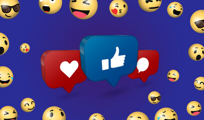 Poster - Vector 3D Social Network Like Icons Abstract Conceptual Illustration. Social media like and heart icons background
