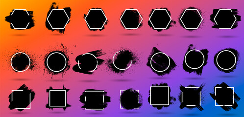 Poster - Grunge backgrounds set. Brush black paint ink stroke over round frame. Vector illustration
