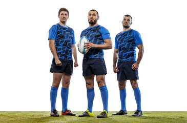 Wall Mural - Group portrait of strong athletes, rugby players standing together like team isolated on white background. Sport, activity, health, hobby, occupations concept