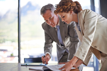 Poster - Signing off on the final draft. Shot of a mature businessman signing the documents his employee brought him.
