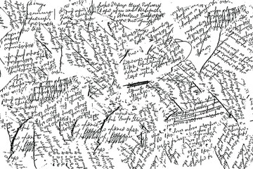 Leinwandbilder - Grunge texture of unreadable handwritten text, torn into small pieces. Emotions, a letter with poems torn. Abstract background of unreadable handwriting. Vector illustration. Overlay template.
