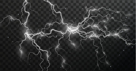 Poster - Light white isolated vector lightning png. Magic light abstract lines. Realistic natural lightning effects.