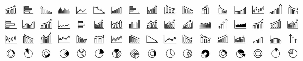 Growing bar graph icon set. Business graphs and charts icons. Statistics and analytics vector icon. Statistic and data, charts diagrams, money, down or up arrow. Vector illustration.