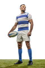 Wall Mural - Portrait of serious man, rugby player posing with ball isolated on white background. Concept of action, motion, sport, hobby, ahievements