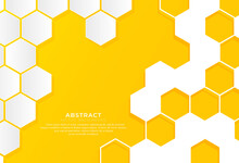 Abstract White Honeycomb Vector Pattern On Yellow Gradient Background. Modern Simple Honeycomb Pattern Hexagons Geometric Shapes Element. Suit For Poster, Advertising, Cover, Banner, Brochure