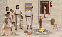 Biblical Illustration That Shows Family, Prepared To Leave, Celebrating The First Passover In Ancient Egypt. As They Watch Passover Lamb Roasting, A Man Puts Blood On The Doorposts.