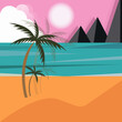 summer landscape with palm tree, sea and mountains, vector illustration, vacation