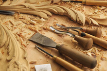Carpenter Wood Carving Equipment. Woodworking, Craftsmanship And Handwork Concept